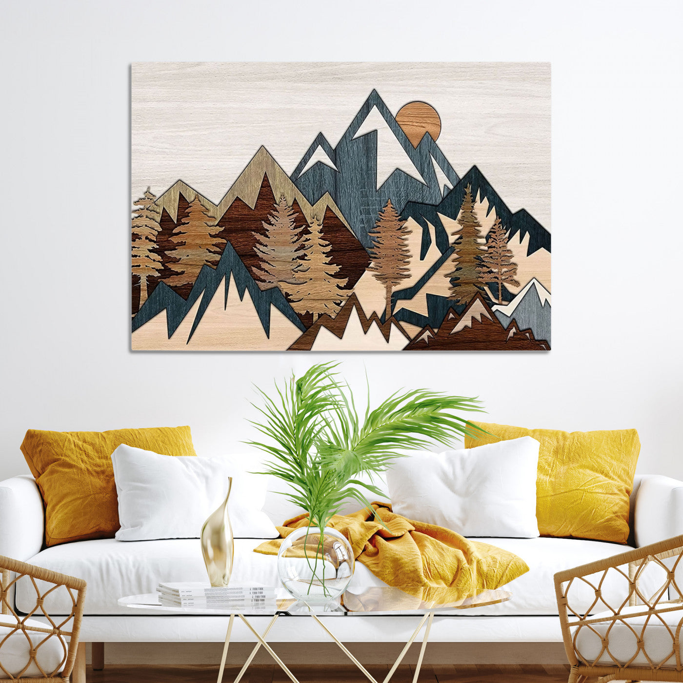 67950-MGV-CV-36X24-Rustic Abstract Wood Panel Effect Canvas Mountain Range Top Wood Wall Art Canvas Print
