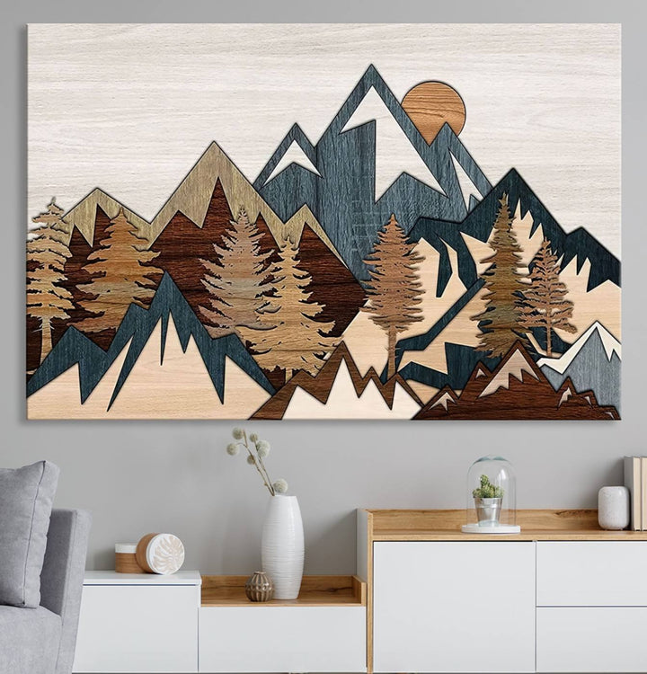 A Woodland Mountain Landscape Triptych serves as the centerpiece of the rustic decor.