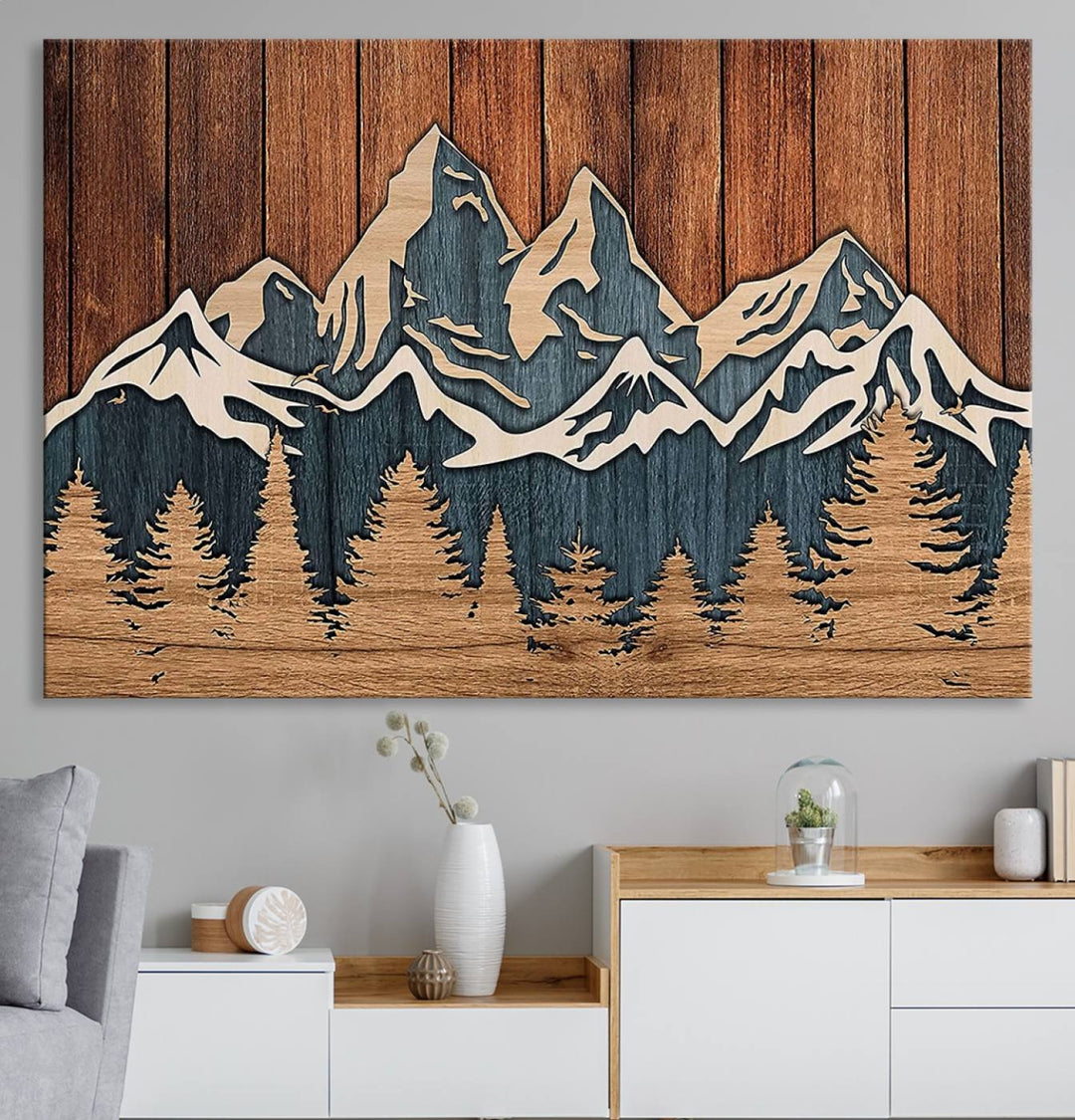 Rustic Wood Style Mountain Wall Art hangs on the wall.