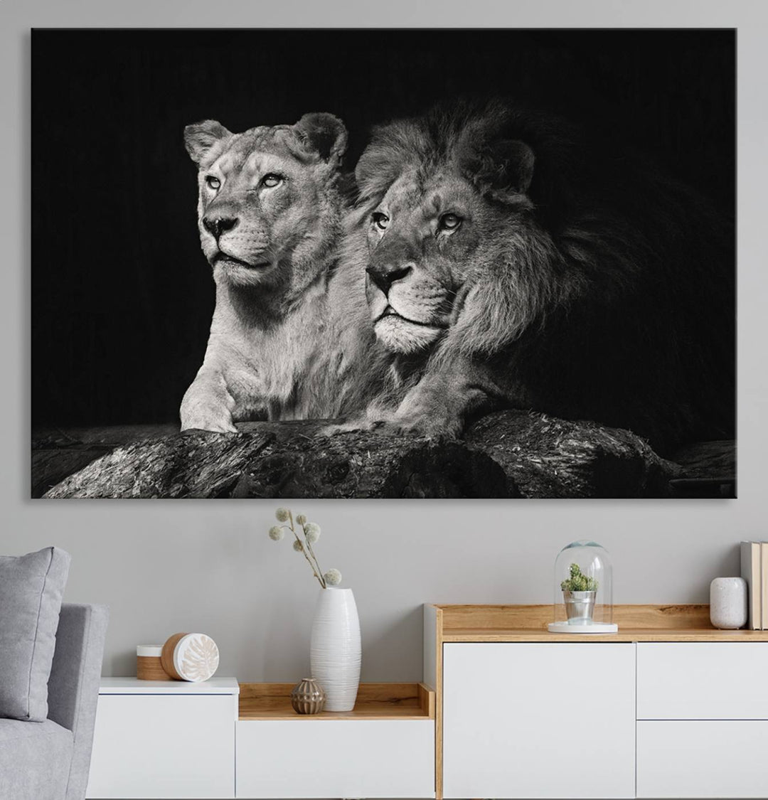 The Lion Couple Canvas Wall Art Print hangs prominently.