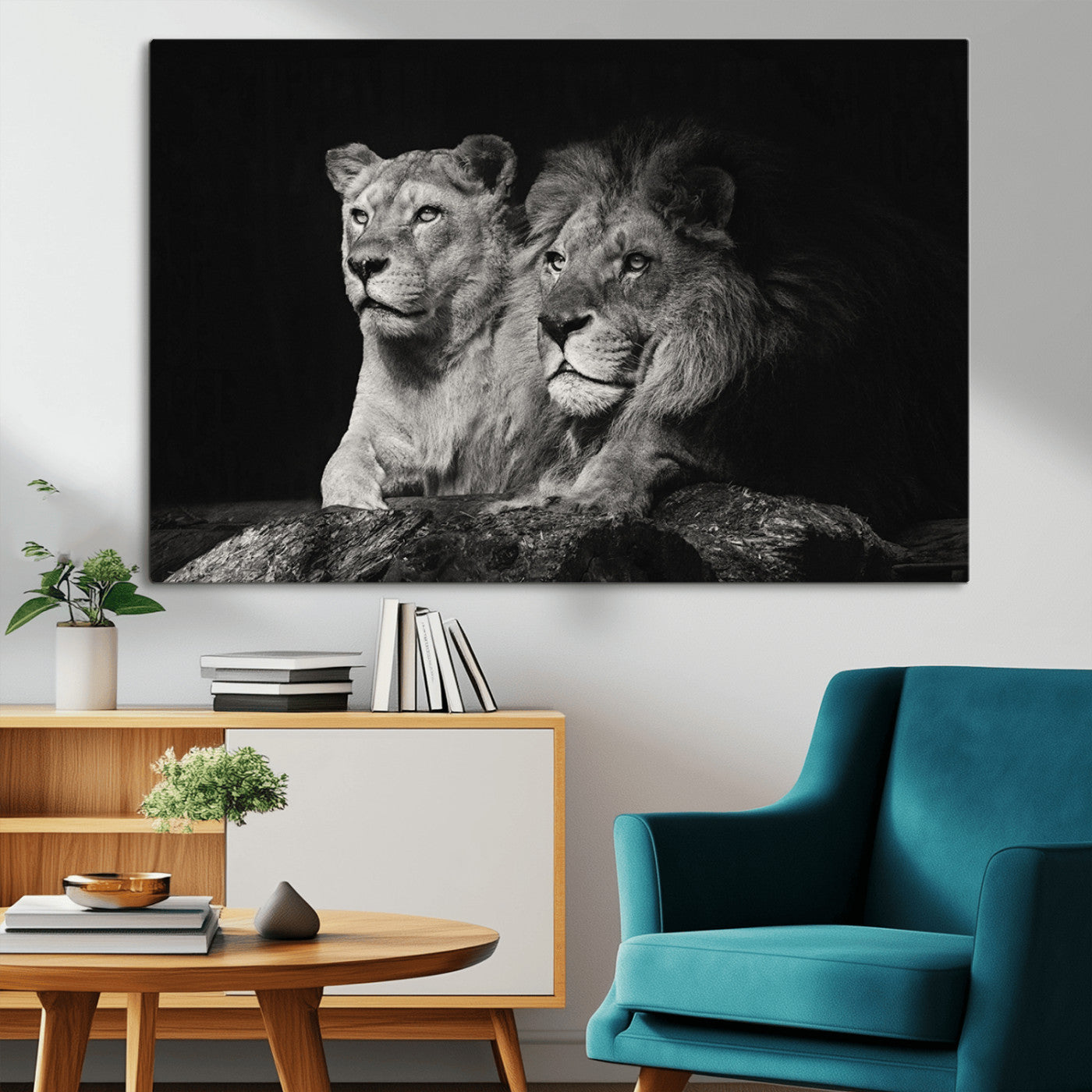 MGV-CV-36X24 - Lion Couple Canvas Wall Art Print – Elegant Wildlife Portrait in Black and White Lion Family – Ready to Hang