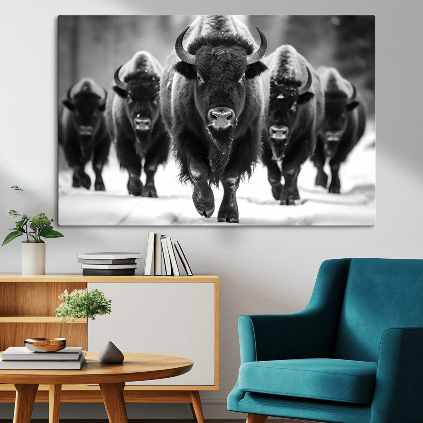 MGV-CV-36X24 - American Bison Art | Buffalo Herd Wall Art Canvas Print, BW American Bison Herd Wall Art Canvas Print