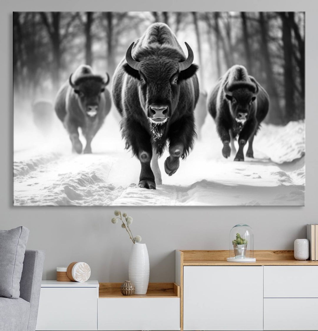 The Buffalo Wall Art Canvas Print of bison running through snow adorns the wall.