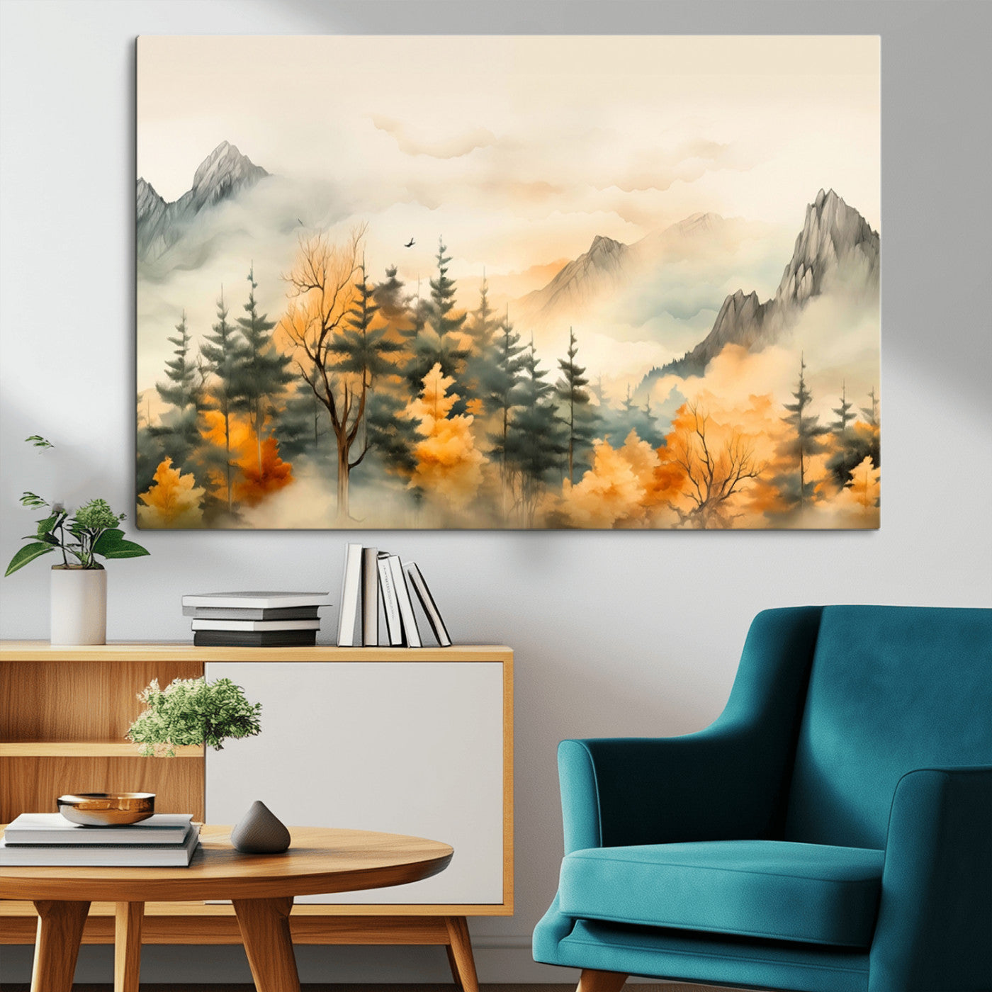 MGV-CV-36X24 - Abstract Watercolor Mountains and Trees Autumn