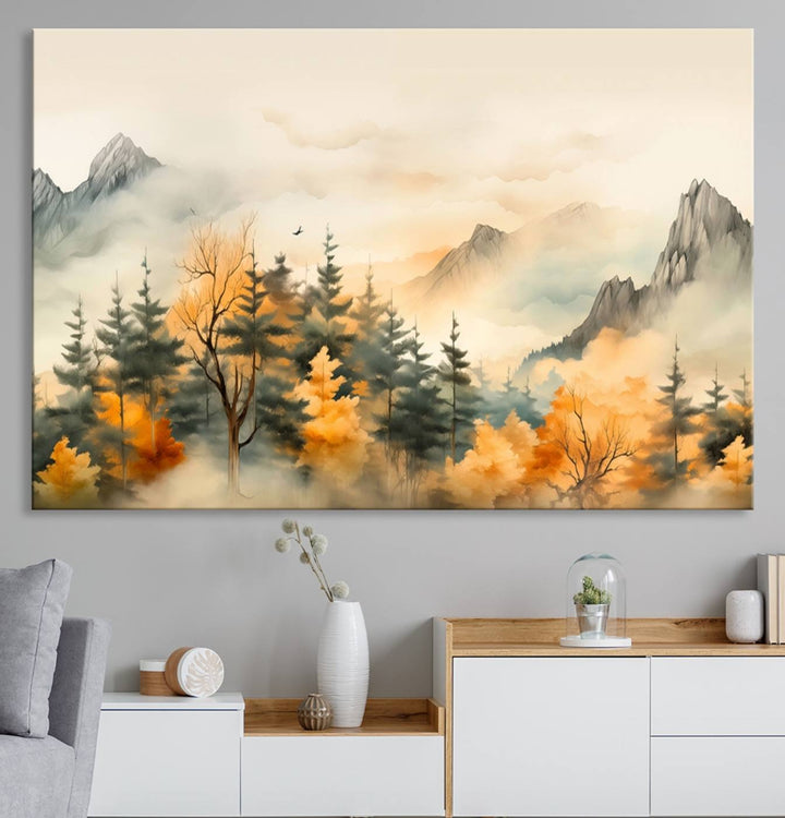 A wall art of Abstract Watercolor Mountains and Trees Autumn on museum-quality canvas.