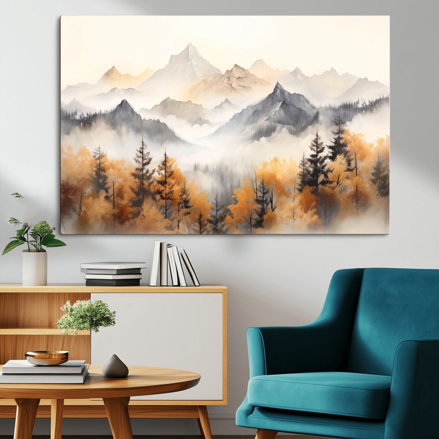 MGV-CV-36X24 - Mountain and Forest Landscape Wall Art | Misty Autumn Forest and Mountains Canvas Print for Living Room, Bedroom, Office | Large Wall Art Decor