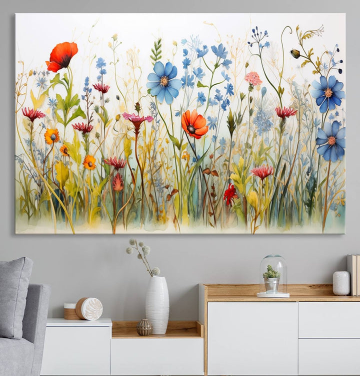 The vibrant Colorful Wildflower Canvas Wall Art adorns the wall.