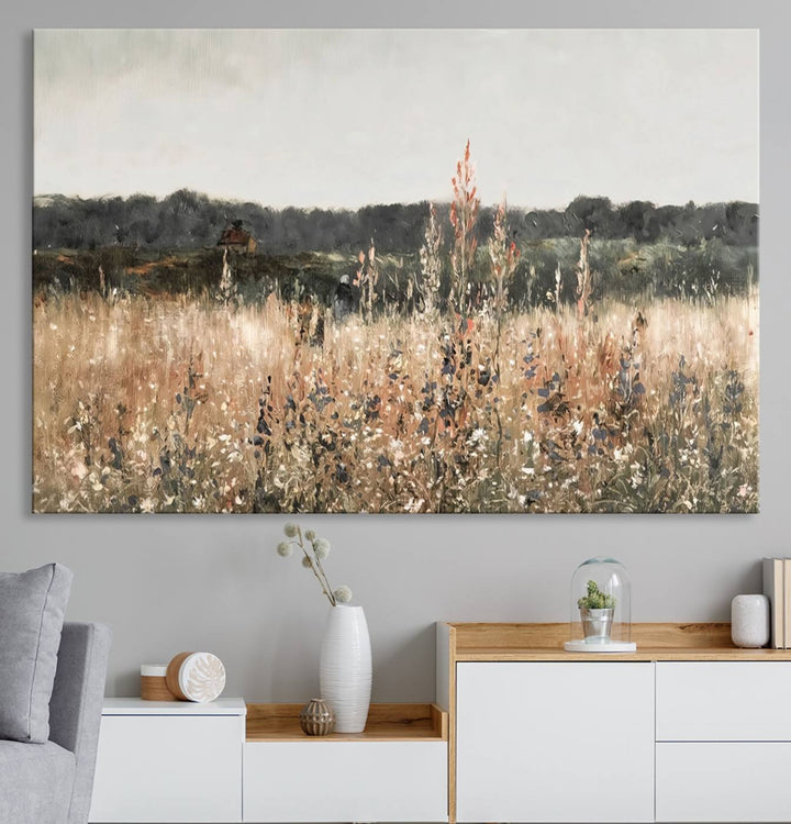 A dining room featuring the Abstract Wildflower Art Field Landscape Oil Painting Print.