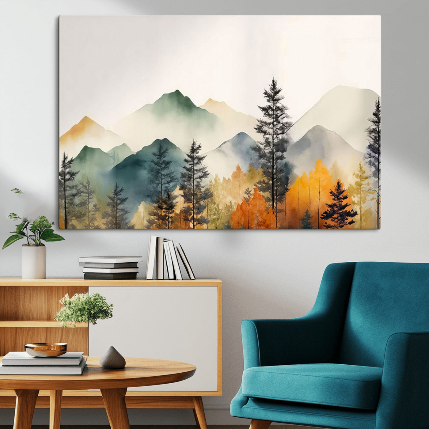 MGV-CV-36X24 - Abstract Watercolor Mountains and Trees Autumn Wall Art