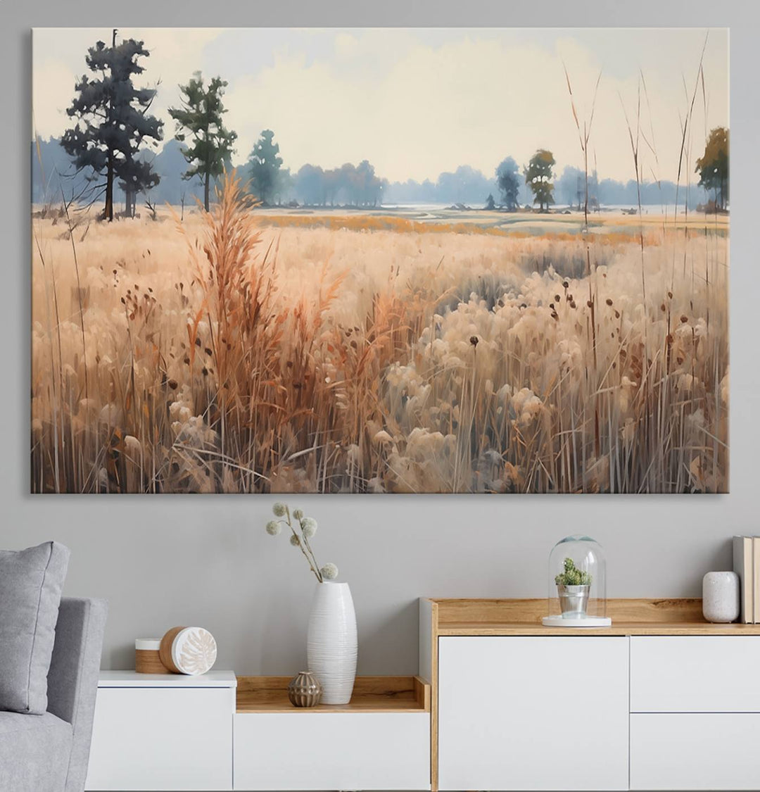 The Golden Fields Canvas Art Print, depicting a serene landscape, adds tranquility with its presence.