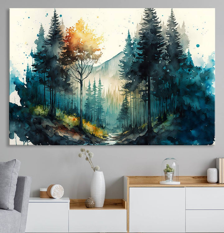 The Watercolor Trees Forest Abstract canvas print is displayed prominently.