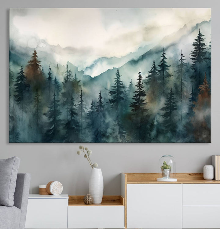 Serenity Forest Wall Art Canvas above the table adds a nature-inspired vibe to the space.