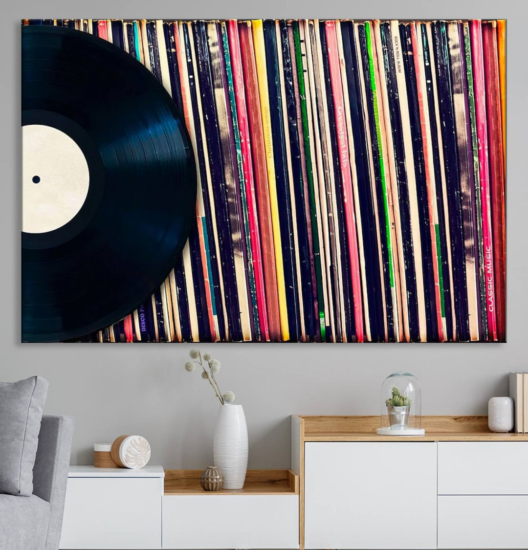 The Vinyl Record and Album Collection Canvas above the dining table enhances the modern kitchen, creating a perfect aesthetic for vintage vinyl lovers.