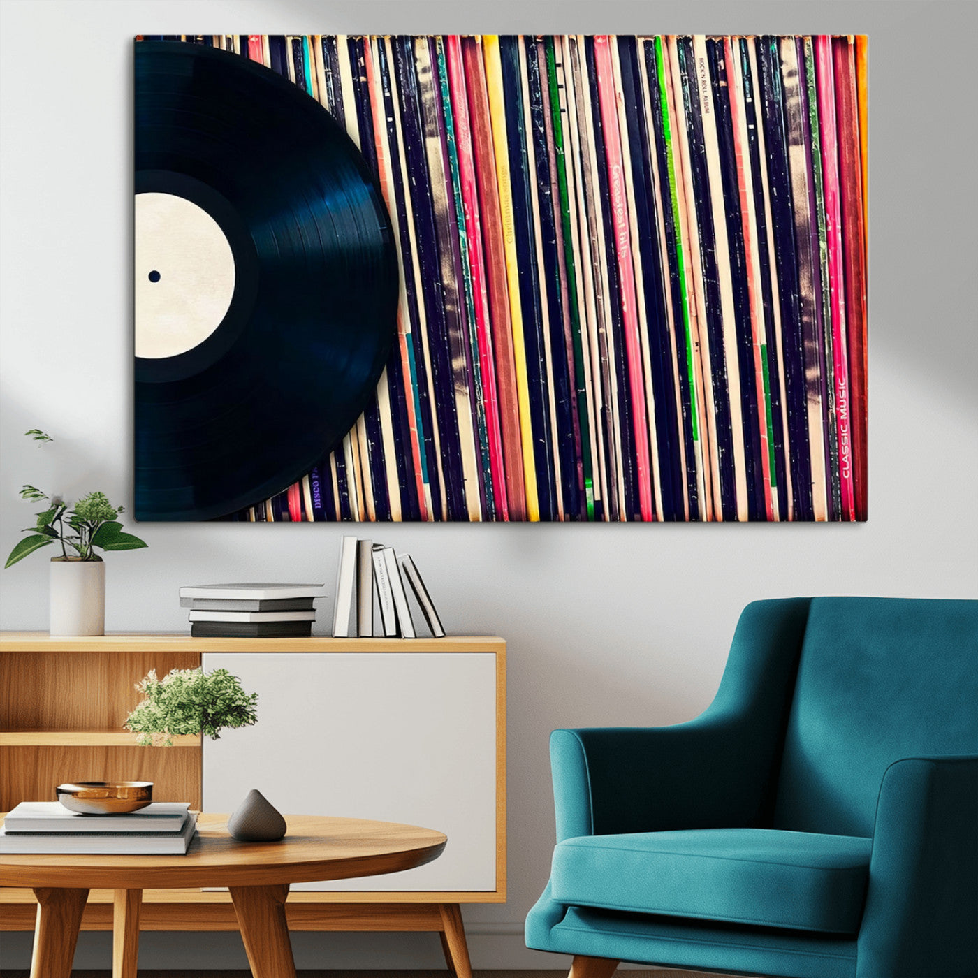 MGV-CV-36X24 - Vinyl Record and Album Collection Canvas Wall Art - Retro Music Decor for Living Room, Vintage Vinyl Lover’s Set