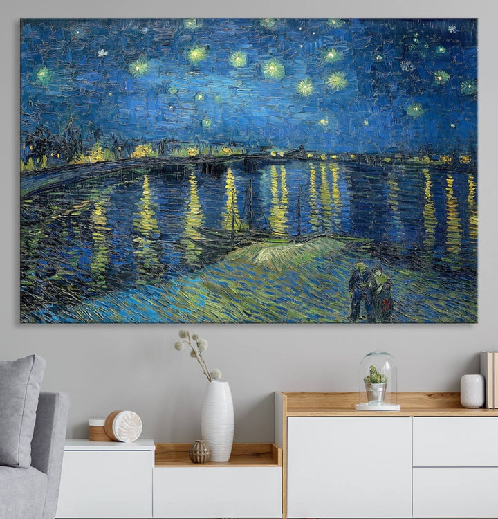 A Vincent van Gogh Starry Night over the Rhone canvas print is displayed on a porch.