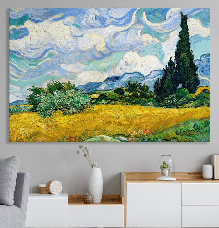 A kitchen featuring Wheatfield With Cypresses Van Gogh canvas wall art.