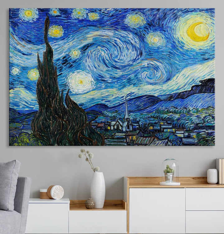 A canvas print of The Starry Night, offering museum-quality art, ready to hang.