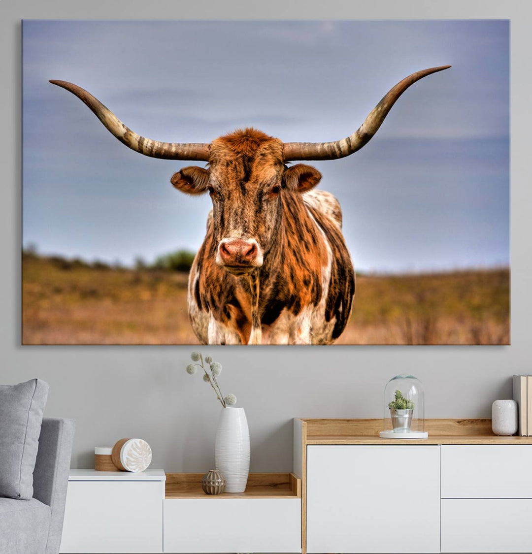 The Texas Longhorn Wall Art Print is displayed in a stylish living room.