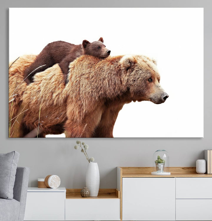 Mother and Baby Bear canvas: an adorable wildlife print displayed on a dark green wall.