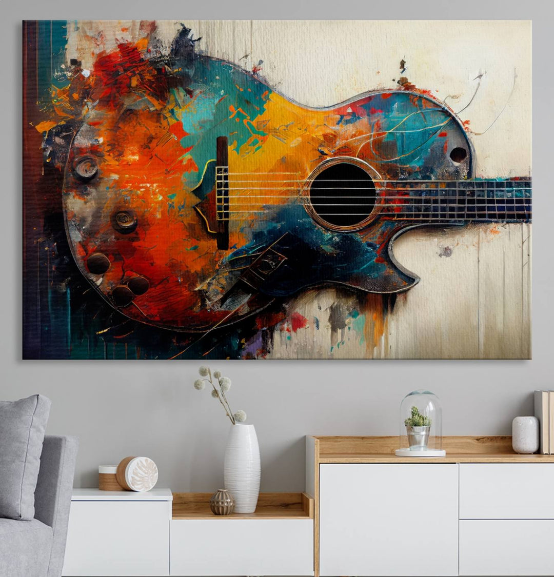 A vibrant guitar wall art canvas is mounted on the wall.