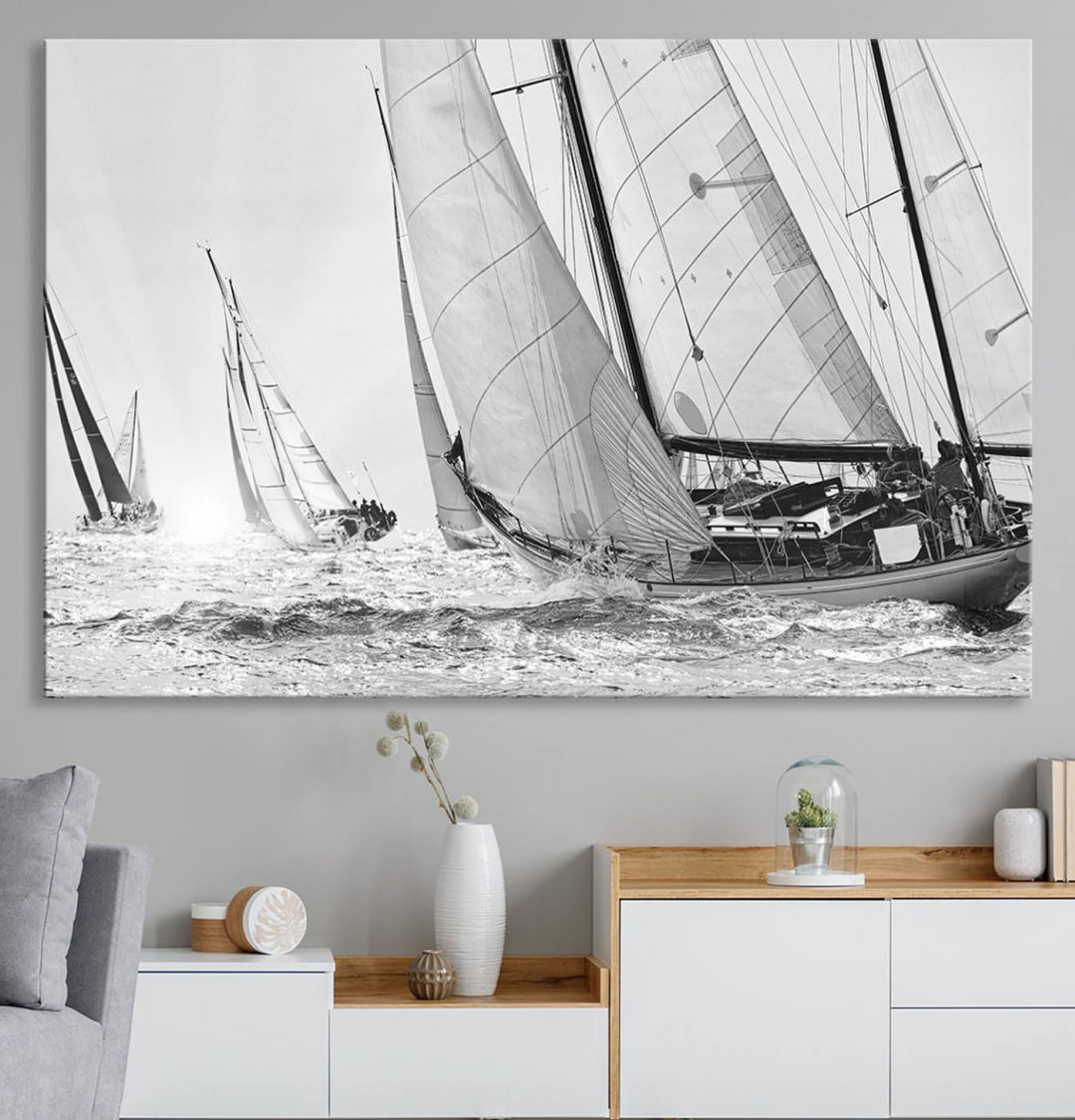 Yacht Sailboat Regatta canvas print on a textured wooden wall.