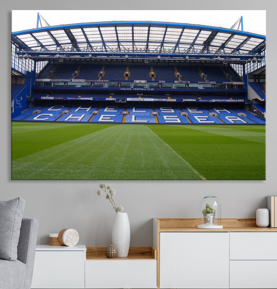 The wall art features a Chelsea FC Stamford Bridge Stadium canvas print.