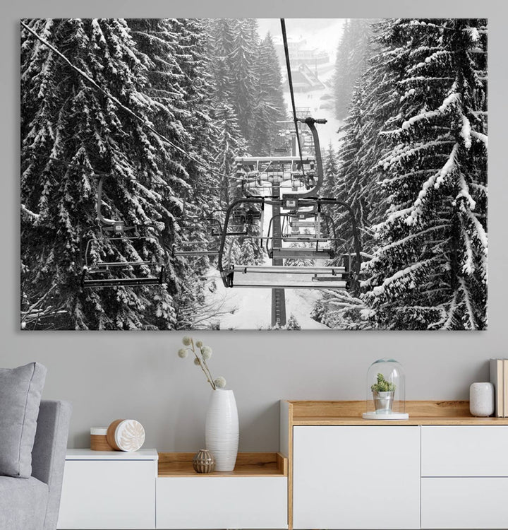 The Winter Ski Lift Canvas in minimalist style adds a unique touch to the dining room.