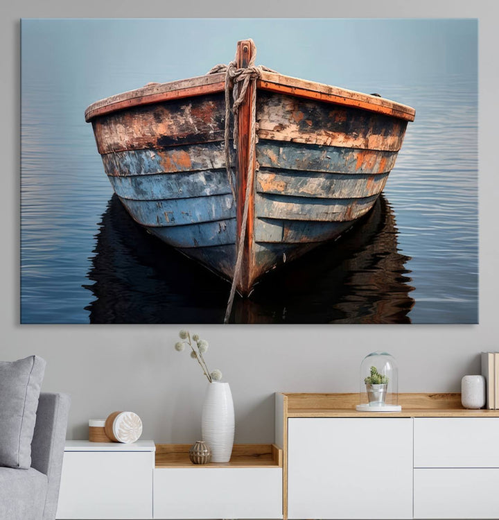 Stunning vintage boat canvas print featuring a calm water scene.