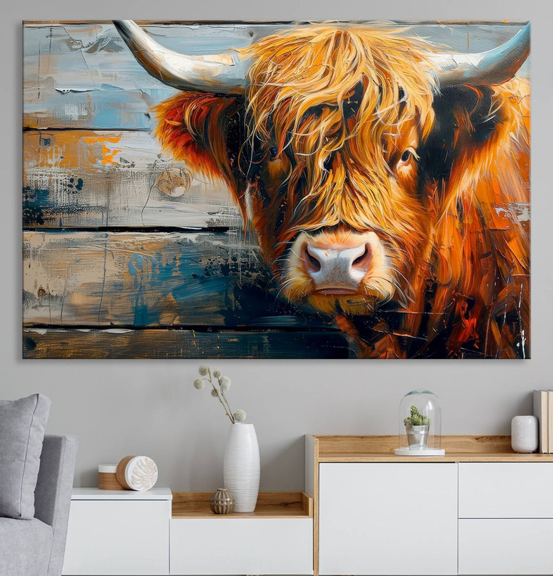 The dining room features Highland Cow Abstract Canvas Wall Art in a farmhouse rustic decor style.