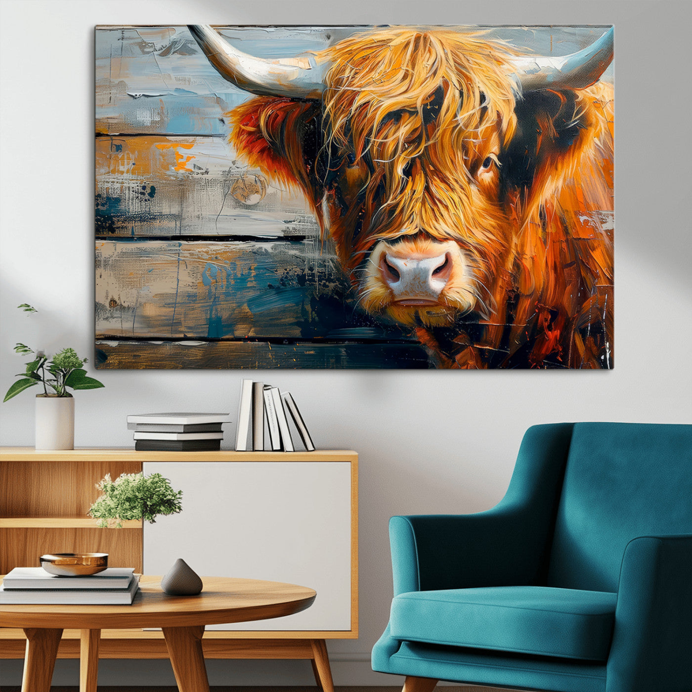 -Highland Cow Abstract Canvas Wall Art – Bold Farmhouse Rustic Decor – Ready to Hang