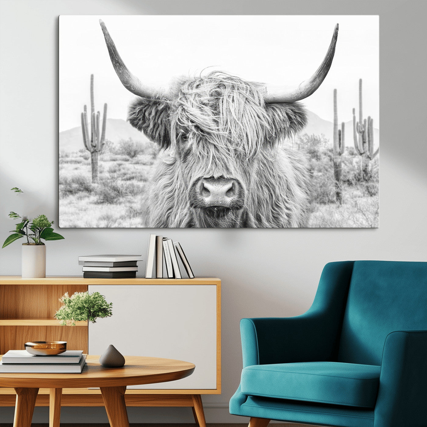 -Rustic Charm | Cow Longhorn Black White Bighorn Wall Art Canvas Print | Farmhouse Wall Art