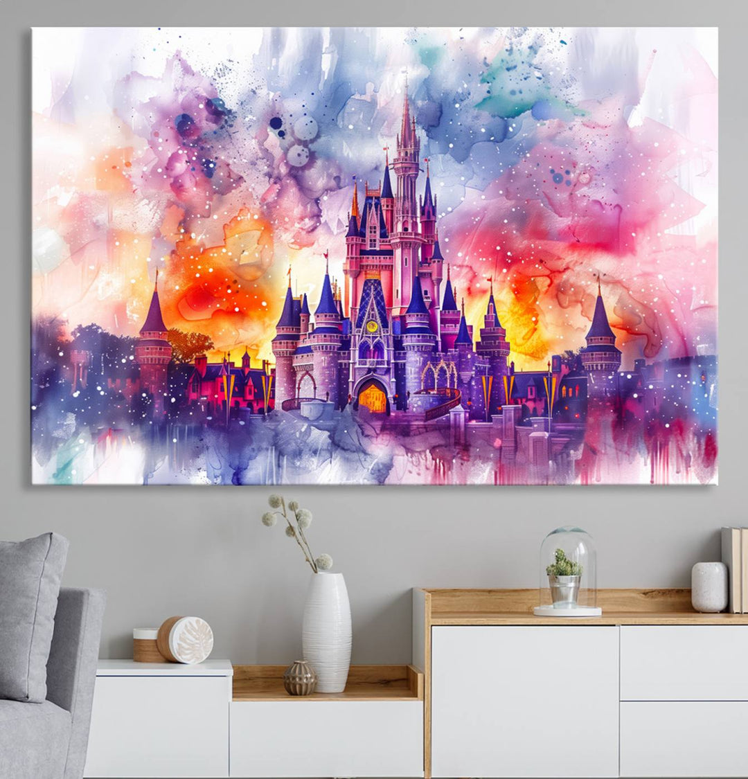 The watercolor Disney Wall Art showcases Cinderellas Castle in pink, purple, and orange hues.