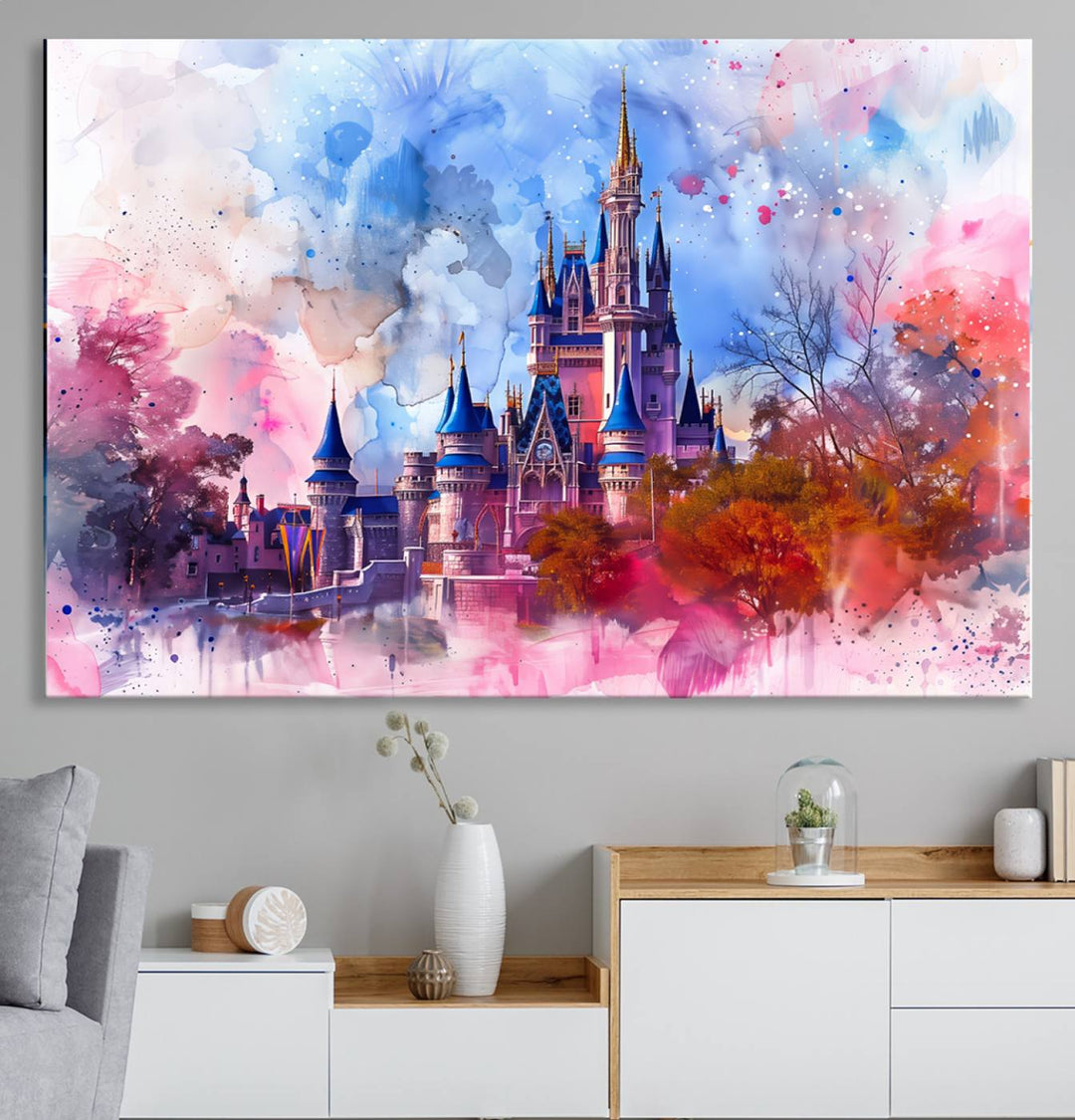 A Disney Wall Art: Dreamy Watercolor Cinderella Castle Canvas Print hangs prominently.