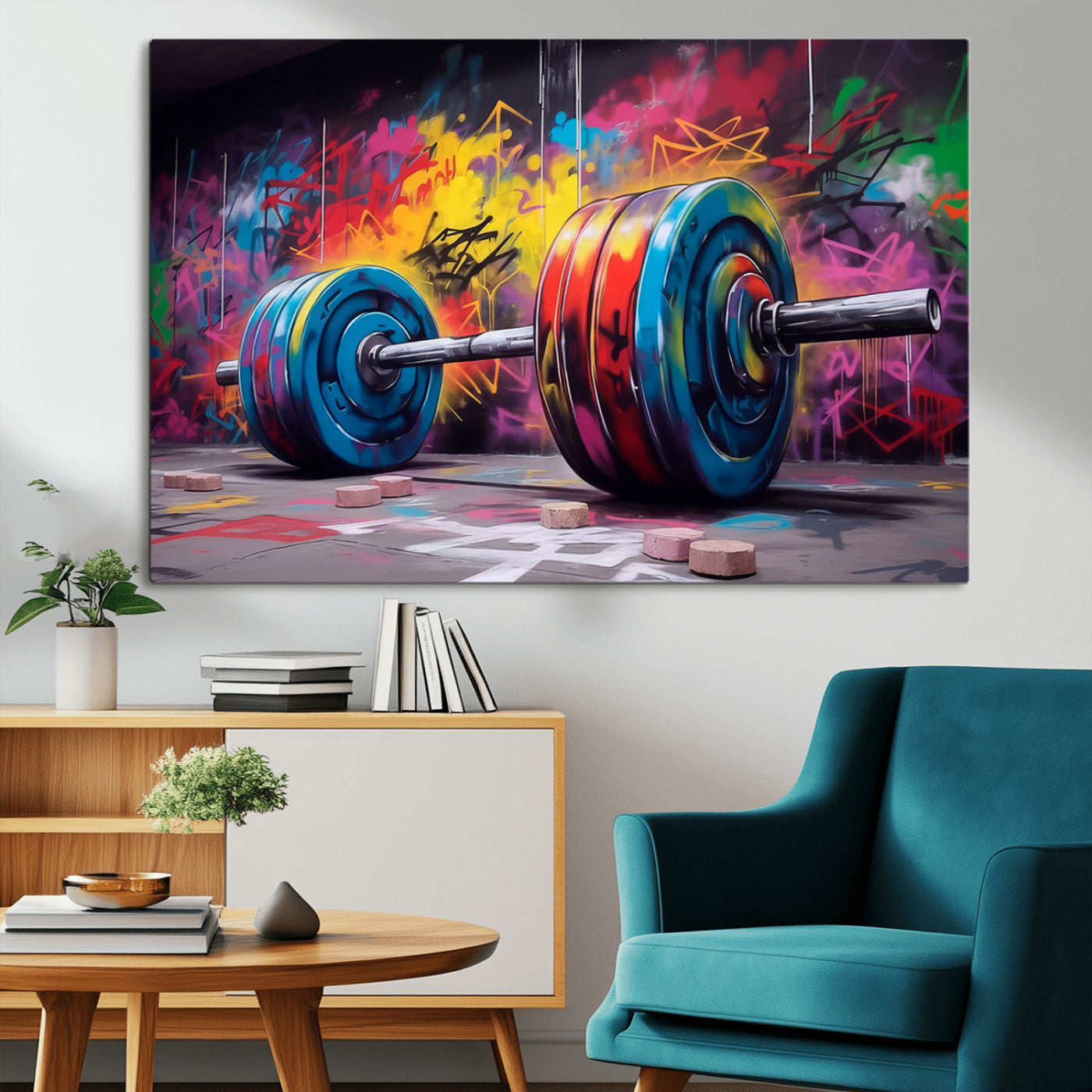 MGV-CV-36X24 - Abstract Graffiti Barbell Canvas Wall Art – Urban Fitness Meets Bold Street Art Print - Gym Wall Art Print