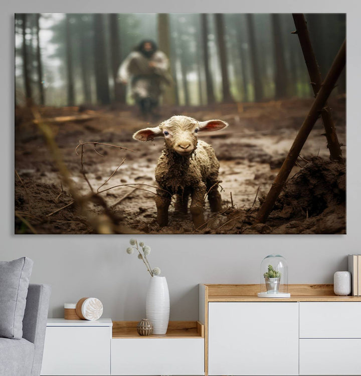 The Jesus Lost Lamb Canvas Wall Art features a heartwarming woodland scene, beautifully capturing the essence of serenity and grace.