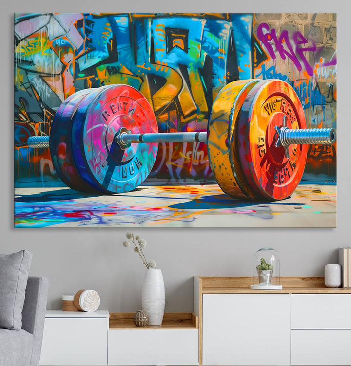 A Fitness Gym Barbell Graffiti Wall Art Canvas Print is displayed.