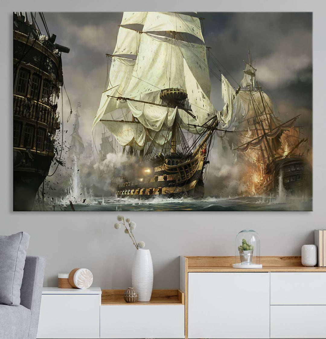 Featuring a dramatic Pirate Ship War Wall Art Canvas Print.