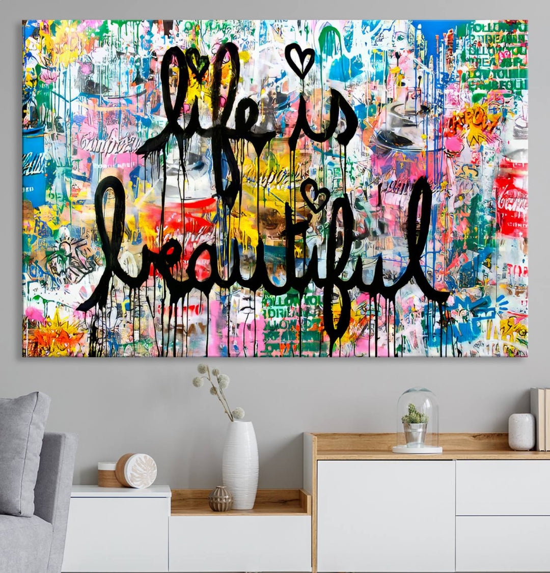 The Life Beautiful graffiti style canvas print is showcased in black script.