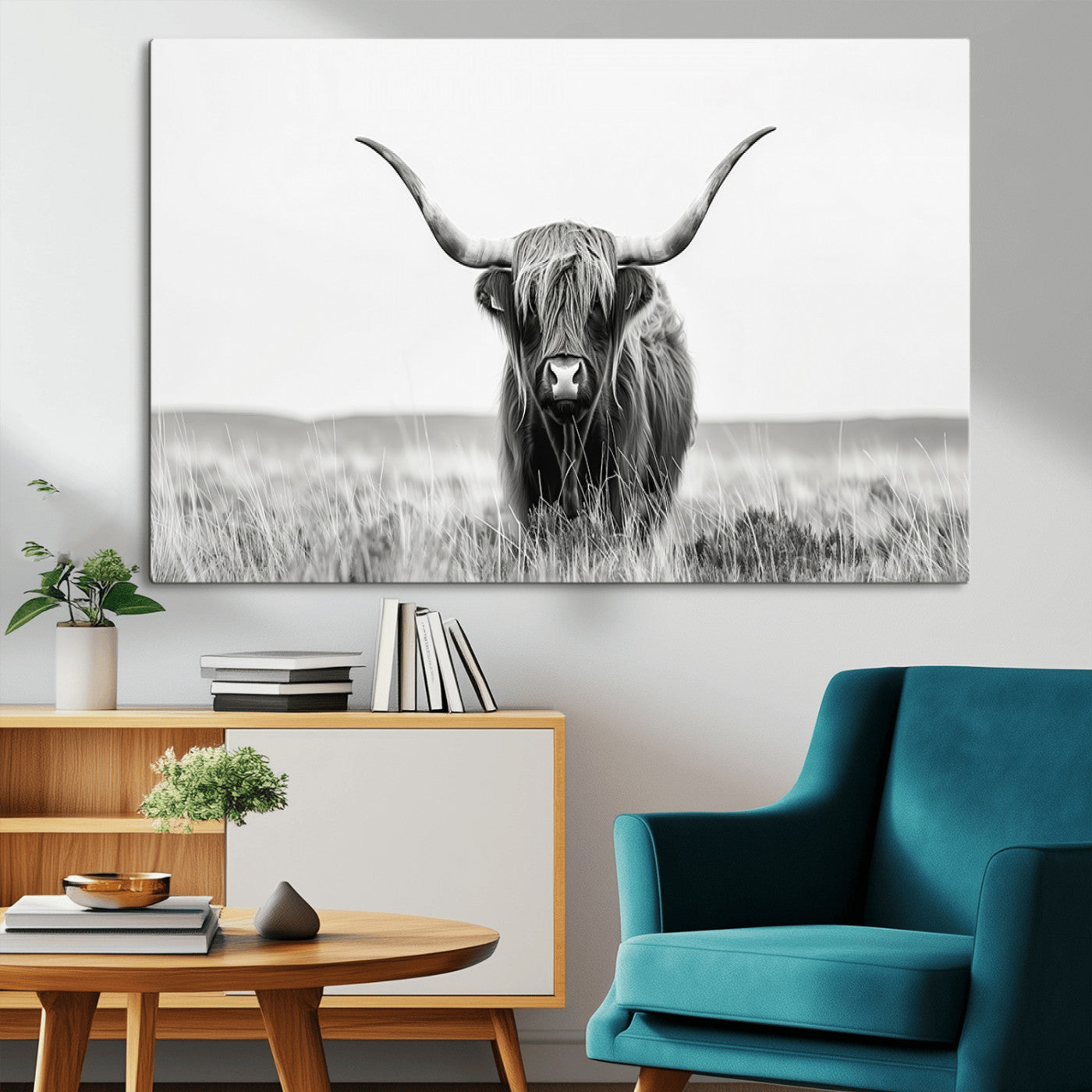 MGV-CV-36X24 - Highland Cow Canvas Wall Art – Majestic Beauty in Black and White – Ready to Hang