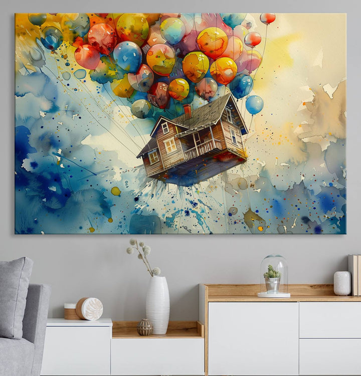 UP-Inspired Floating House with Balloons Triptych Canvas Art – Colorful 3-Panel Wall Decor for Living Room, Office, or Nursery