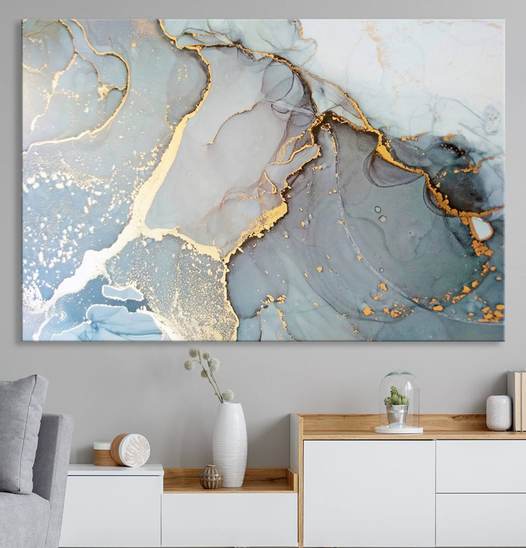 A blue and gold marbled Large Abstract Marble Wall Art Canvas Print hangs overhead.