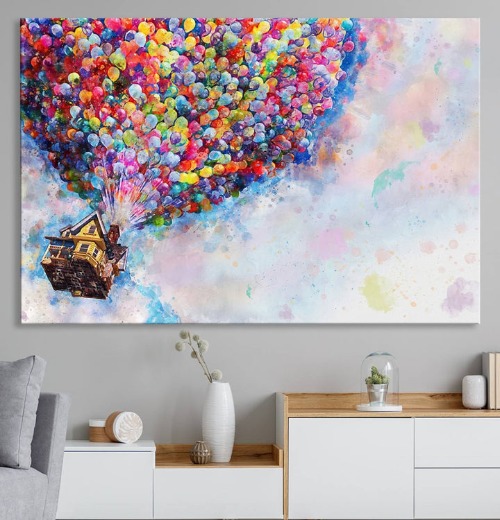 The Dont Look Up canvas wall art, featuring a house and balloons, brightens the kitchen wall.