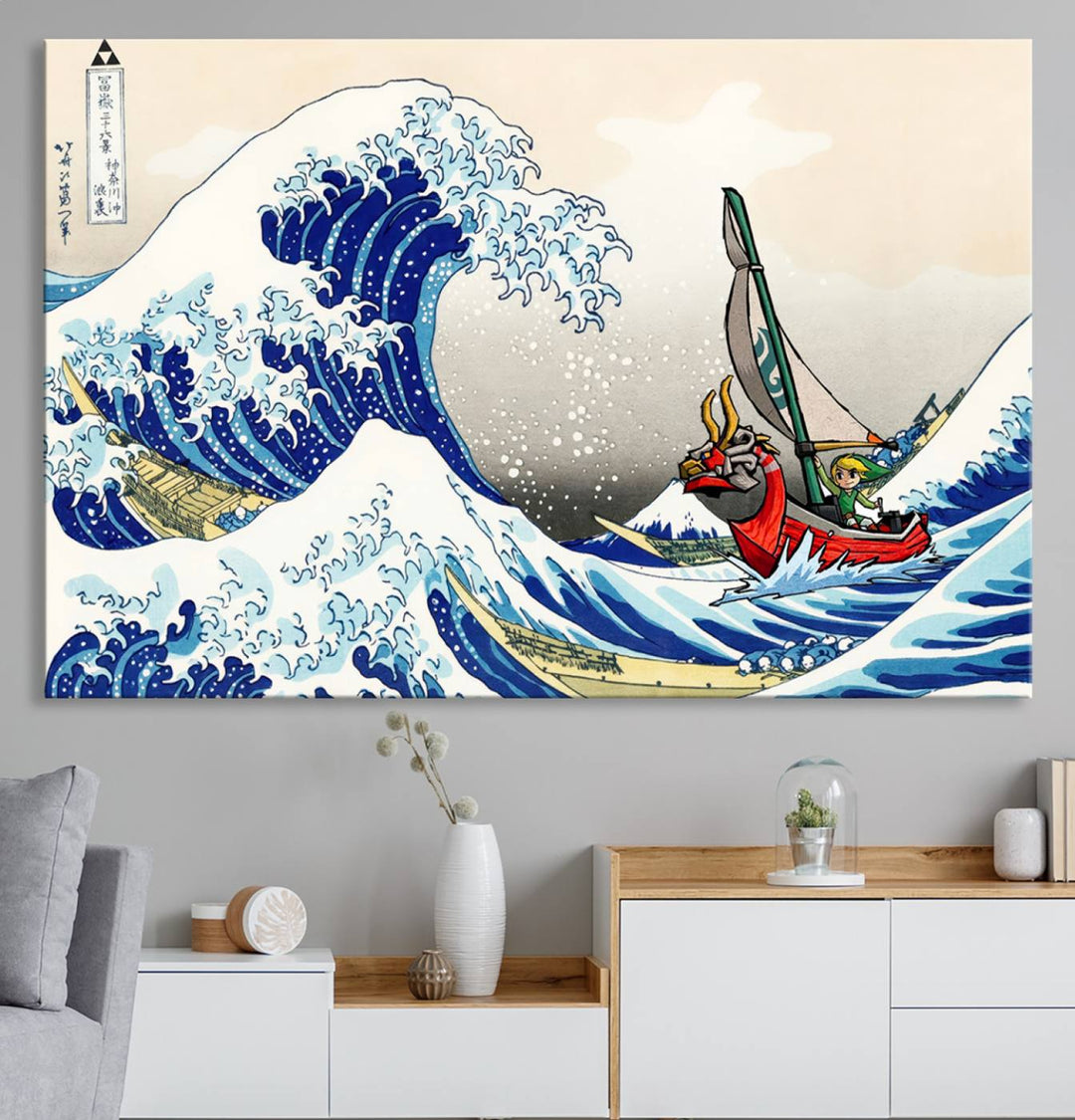 The Katsushika Hokusai Kanagawa Giant Wave Canvas print captures a vibrant sailing scene.