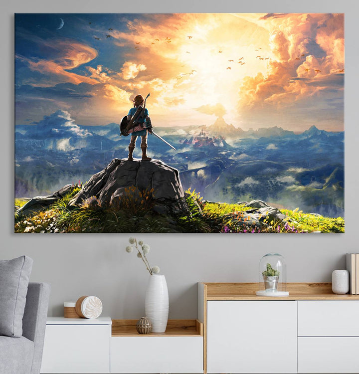 A vibrant Legend of Zelda Breath of the Wild canvas print depicts a figure standing on a rock with mountains and sky in the background.