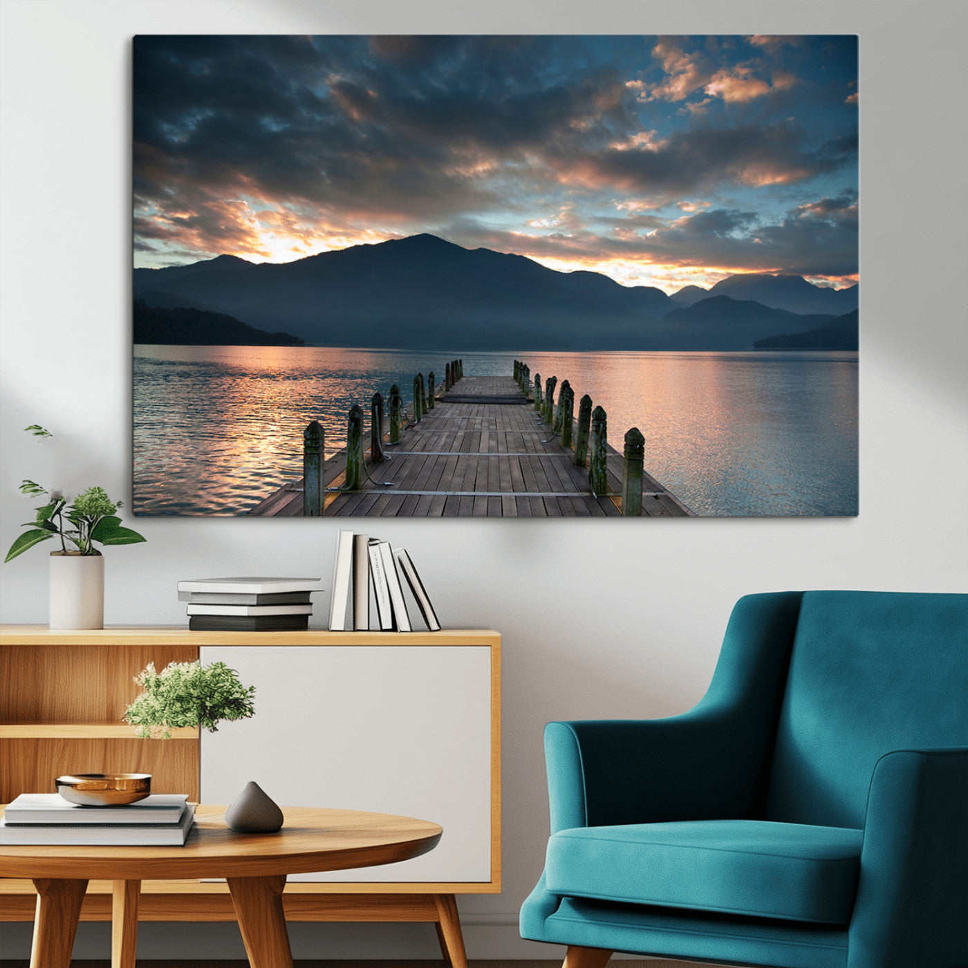 MGV-CV-36X24 - Mountain Lake Wood Pier Canvas Wall Art Nature Lake Print