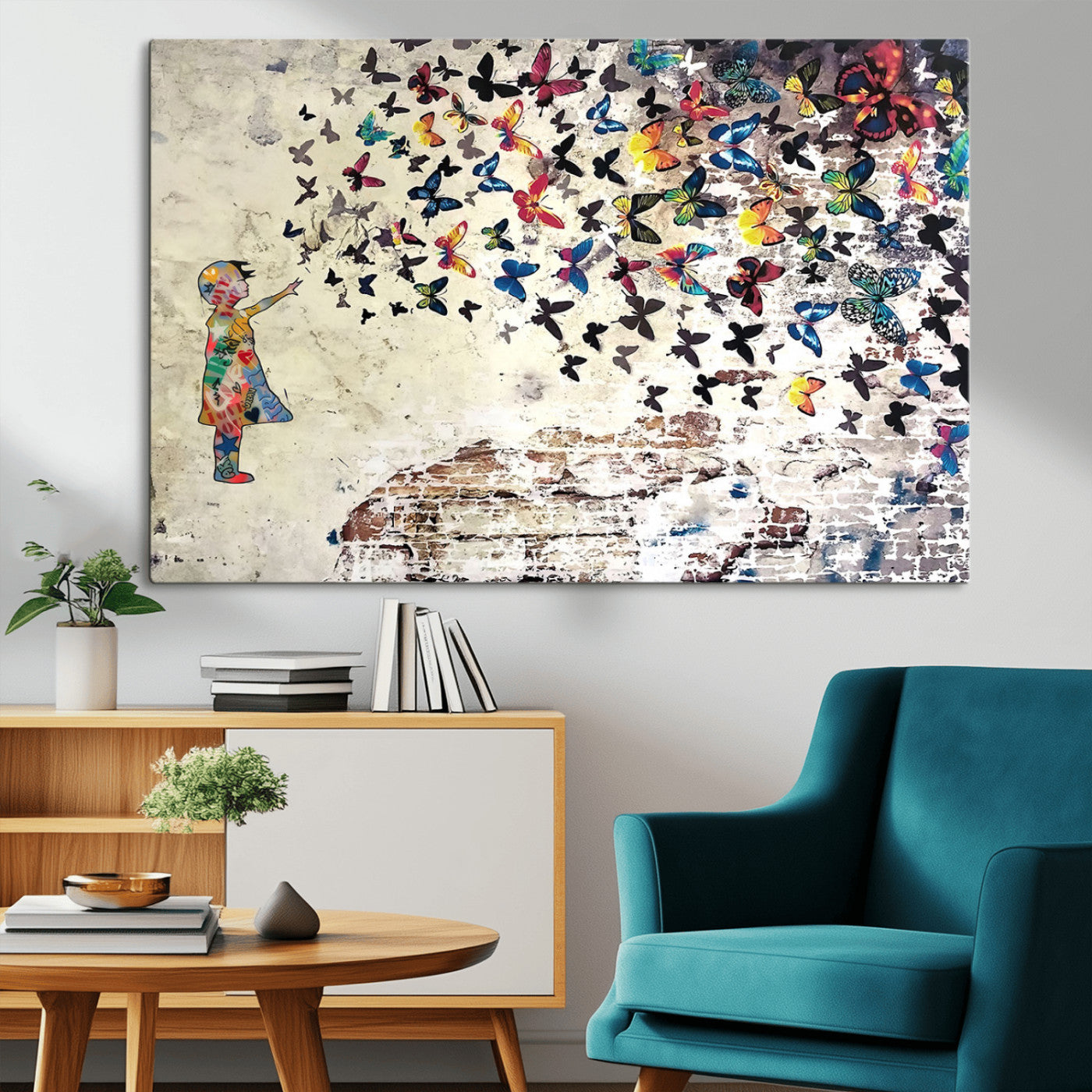 MGV-CV-36X24 - Banksy Wall Art - Banksy Girl Butterfly Graffiti Wall Art Canvas Print - Butterfly Girl and Freedom Flight - Vibrant Street Art Print