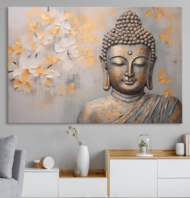 The serene dining room features Abstract Buddha Statue Wall Art.