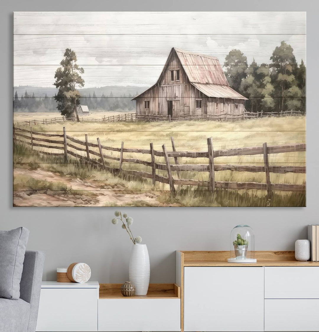 The wall is adorned with a Rustic Farmhouse Barn Wall Art.