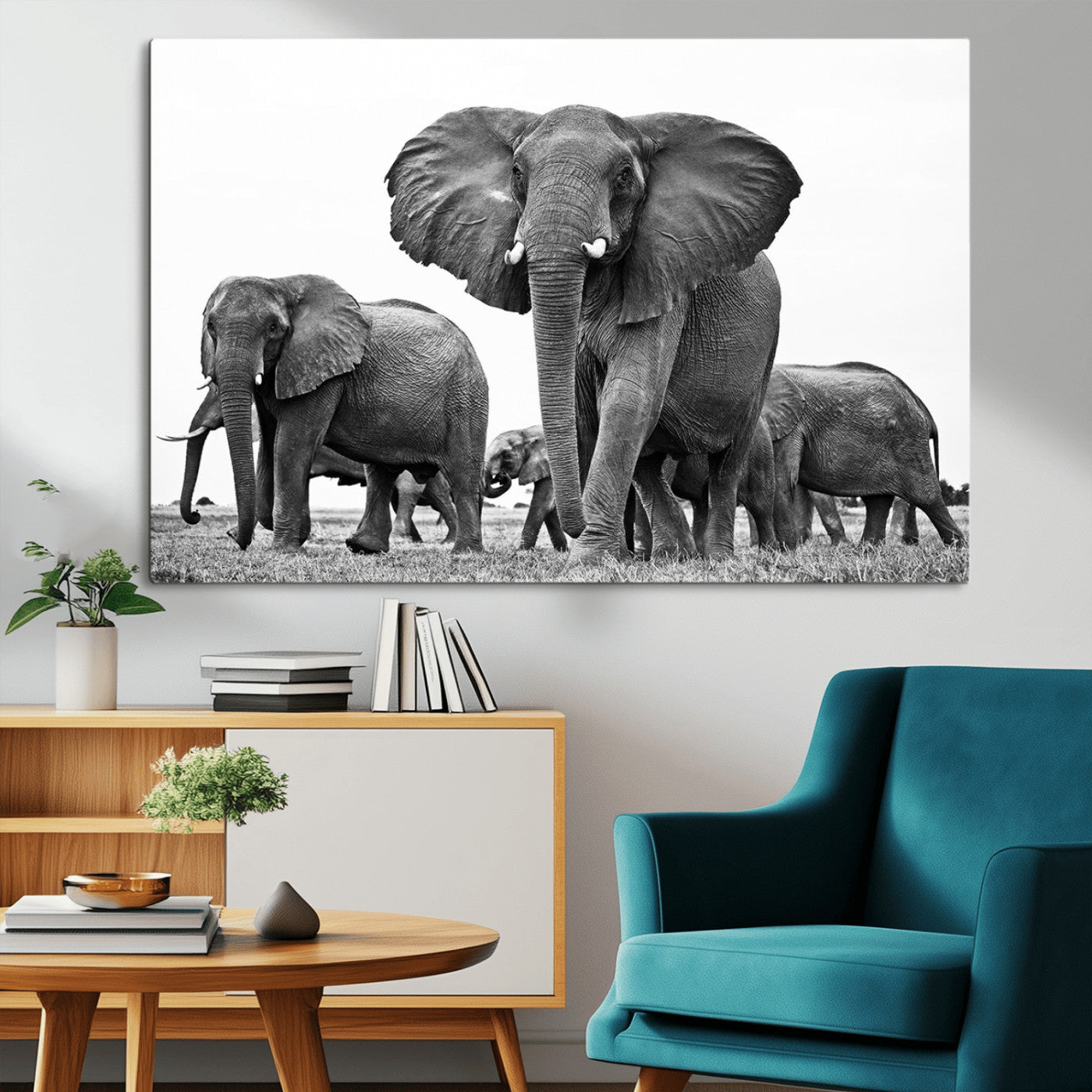 MGV-CV-36X24 - Black White Elephant Family Wall Art Canvas Print