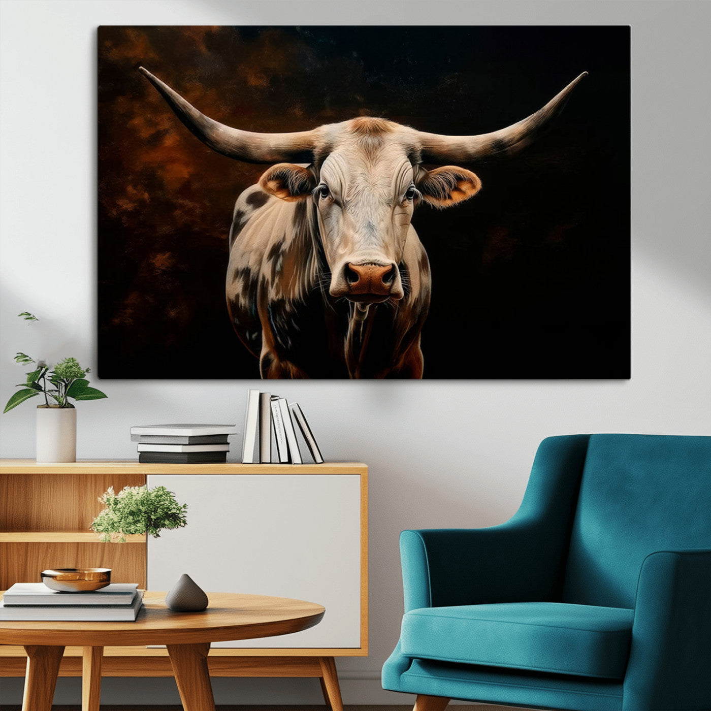 MGV-CV-36X24 - Texas Longhorn Wall Art | 3-Panel Large Texas Longhorn Canvas Print for Living Room, Office, or Farmhouse Decor | Framed Giclee Longhorn Wall Art
